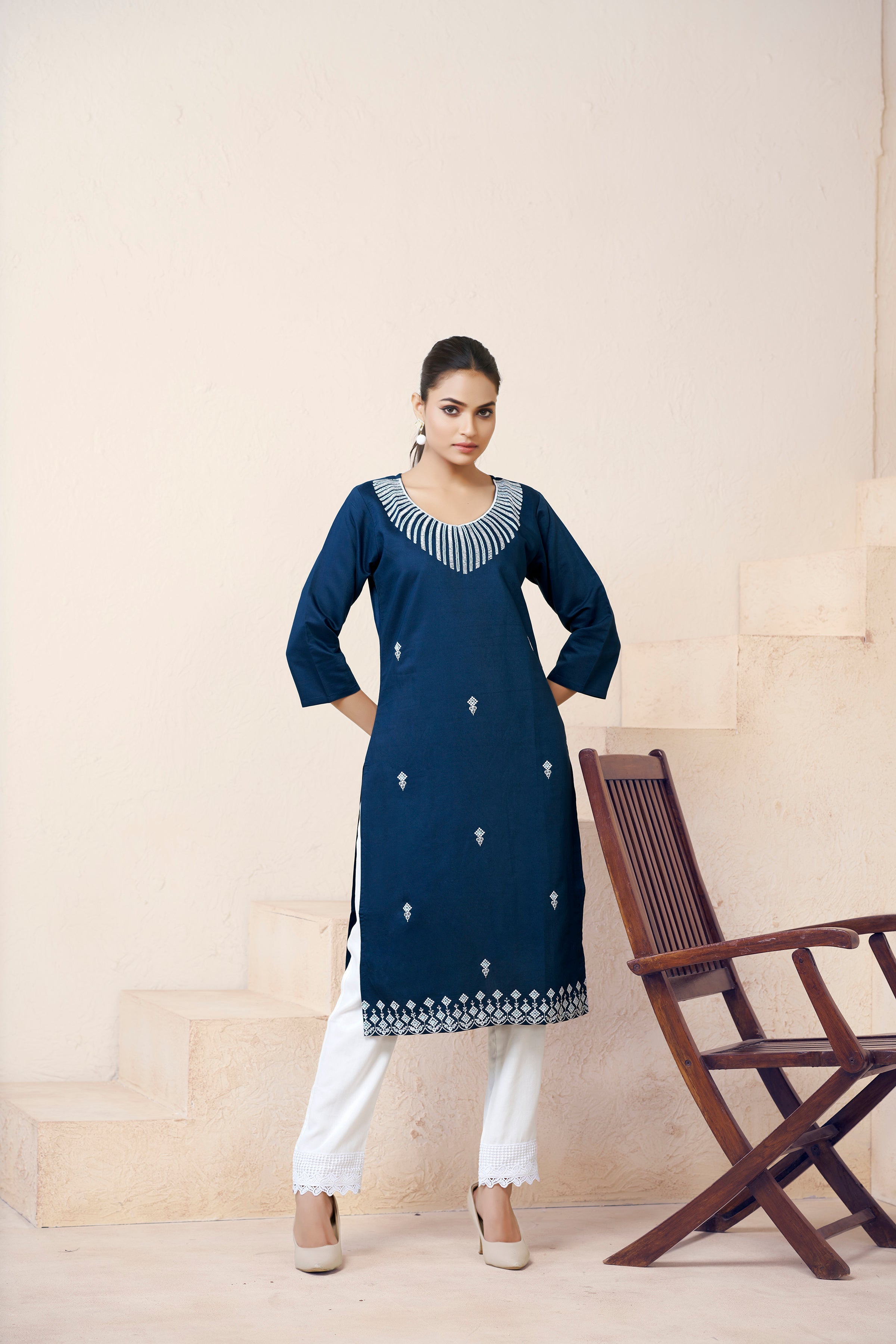 Blue Viscose Rayon Kurti with Thread Work and 3/4 Sleeves with Stylish Neckline